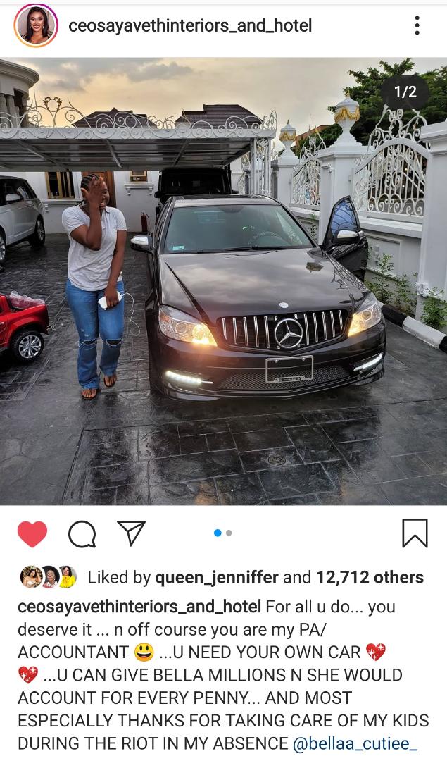 The 35 Year old Billionaire CEO of Sayaveth Interiors and Hotels, Ehizogie Ogbebor today upheld her belief in rewarding diligence and dedication as she gifted her long serving PA and Accountant Bella a brand new Mercedes Benz. 