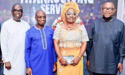 L-R: Former Chairman, Board of Directors, Fidelity Bank Plc, Mr. Ernest Ebi; Executive Director, Lagos & South-West, Fidelity Bank Plc, Dr. Ken Opara and his wife; Former Executive Governor, Anambra State, Peter Obi; at the thanksgiving Service organised by Dr. Ken Opara and family in Lagos ...Sunday