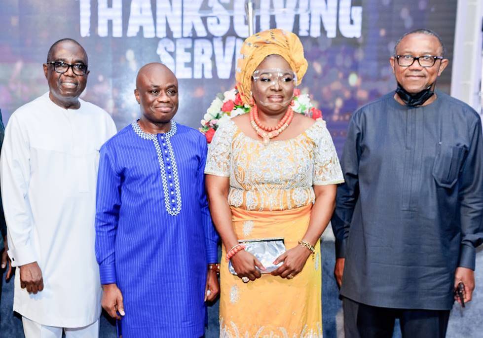 L-R: Former Chairman, Board of Directors, Fidelity Bank Plc, Mr. Ernest Ebi; Executive Director, Lagos & South-West, Fidelity Bank Plc, Dr. Ken Opara and his wife; Former Executive Governor, Anambra State, Peter Obi; at the thanksgiving Service organised by Dr. Ken Opara and family in Lagos ...Sunday
