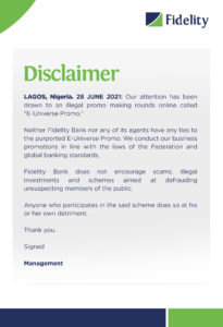 Disclaimer: Fidelity Bank Disowns Illegal Promo