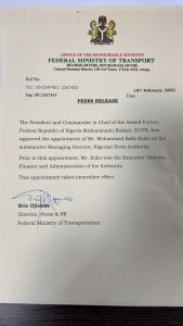In a move believed to have put an end to  the various underhand dealings at Nigeria Ports Authority, the Federal Government has confirmed the appointment of Mohammed Bello-Koko as the substantive head of the Authority and by that token, removed Hadiza Bala Mohammed who had been on suspension.  Recall that Bello Koko has been in acting capacity since May 2021 when Hadiza Bala Usman was suspended by the Federal Government.  In a statement issued today, the Federal Ministry of Transport confirmed the appointment of Bello-Koko as the substantive head of the Authority by President Buhari.    Hadiza Bala Usman, it was gathered was queried over issues relating to favouritism, underhand dealings and outright disregard of court order while she held sway as the Nigeria Ports Authority Managing Director.  According to the sources, she revoked  the lease of LADOL and gave same to Dangote’s friend a serving Senator, disregarding a Presidential directive. This move angered the Presidency because Ladol had invested over 300million Dollars and for a Federal Government appointee to display such show of disdain was unheard of.  She also shut down the ports and terminals of the BUA Group for close to one year despite a court order to the contrary. Obviously, her intentions  and moves favoured Dangote with a view to keeping BUA Group  and other competitors out of business while granting mouthwatering concessions to Dangote Group to create a monopoly. This issue generated a lot of questions from industry watchers.  Apart from this,  there were issues relating to the dredging of Calabar port which was believed to have been dare to the Government’s heart, more so that of Transport Minister, Rotimi Amaechi. Sources claimed she claimed the project was not viable whereas findings by specialists disagreed with this.  To cap it all, there were allegations that she was also indicted by the audit report set up to look at the accounts of the NPA.  When she was confronted with the issues, especially the audit report as well as the move to create monopoly by Dangote, granting him so much concessions thereby denying the country revenue, our source revealed, she had nothing tangible to say in her defence, hence the decision to boot her out.
