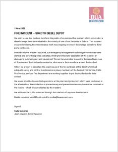 BUA Cement Sokoto Diesel Depot Hit by Fire Incident, No damage to Plant