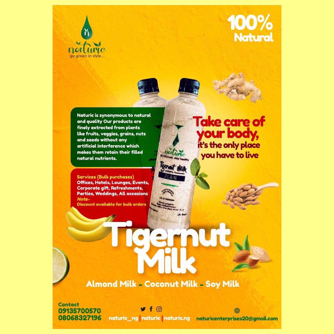 We sell non-dairy: Tigernut Milk, Almomd Milk, Coconut Milk Soy Milk