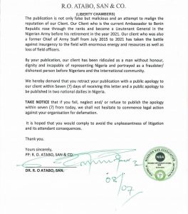 Buratai demands retraction, apology from Sahara Reporters over publication (Doc)