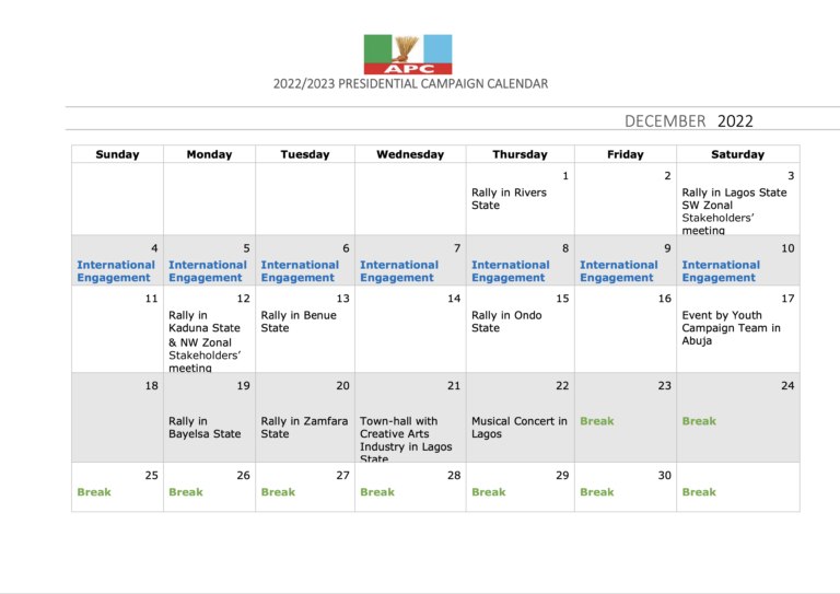 2023: APC releases presidential campaign calendar