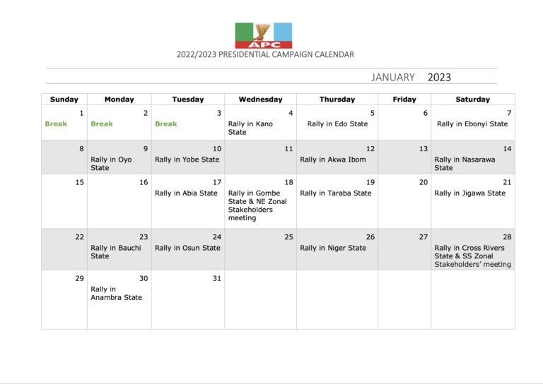 2023: APC releases presidential campaign calendar