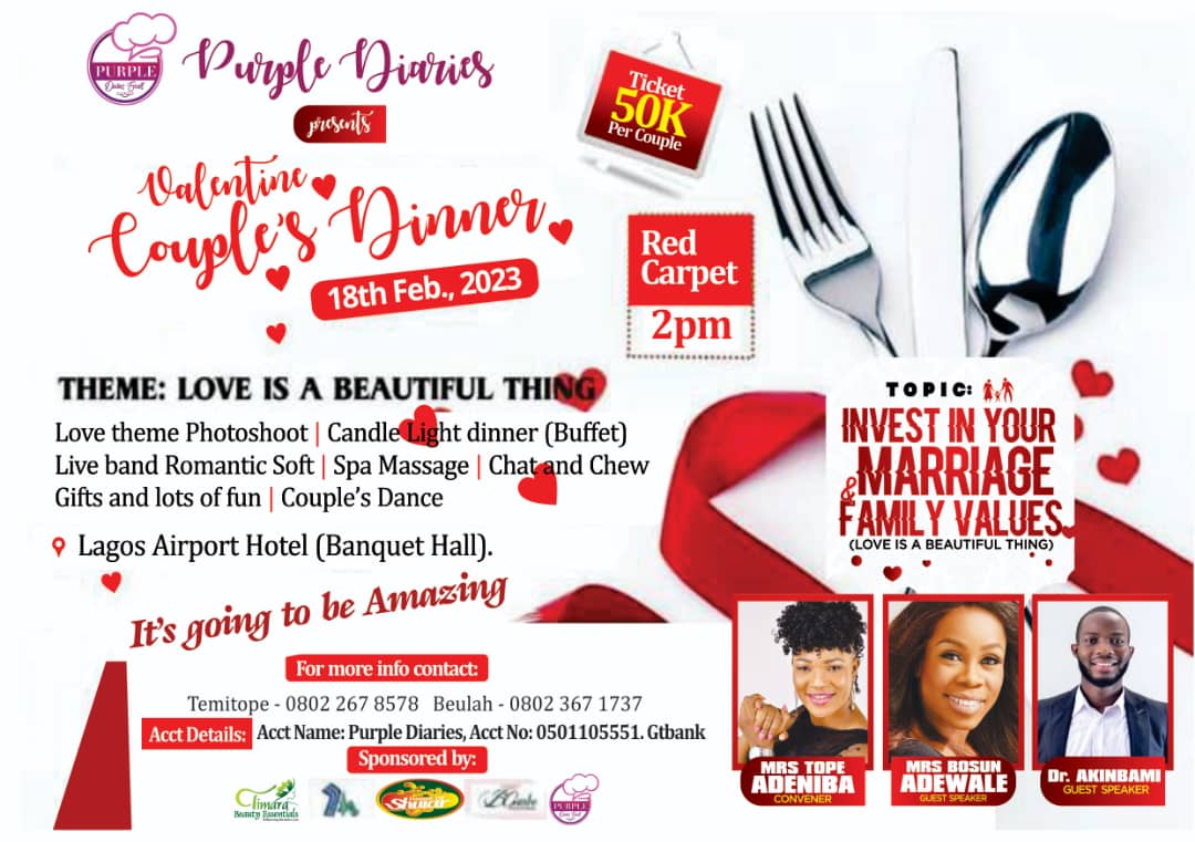 Valentine Couples Dinner: Temitope Fabinu Adeniba Hosts "Love is a Beautiful Thing" @ Airport Hotel ikeja, February 18