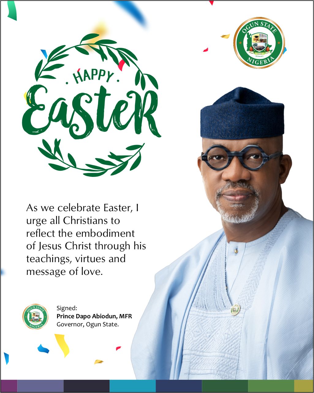 Easter: Gov Abiodun urges Christians to live teachings, virtues, message of love by Jesus