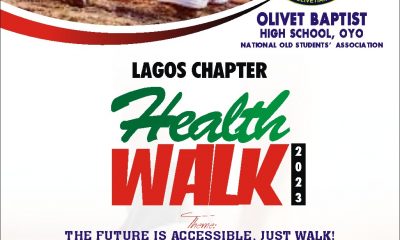 Olivet Baptist High School Alumni Presents Health Walk 2023 The Lagos chapter of the National Old students association of Olivet Baptist High School is set for the 2023 health walk on Saturday, June 10thm 2023 by 7 am. The take-off and return point will be at 1, Akin Ademokoya Street, behind, Maryland shopping mall, Maryland, Lagos. It's going to be fun and full of activities Dress code = White T-shirt on any pant Attractions = 10 km walk = Game = full medical checkup for lucky 3 winners = plenty to eat = on the spot Health screening = aerobics = goodie bag 🎒 for first 100 people = music and more come one, come all