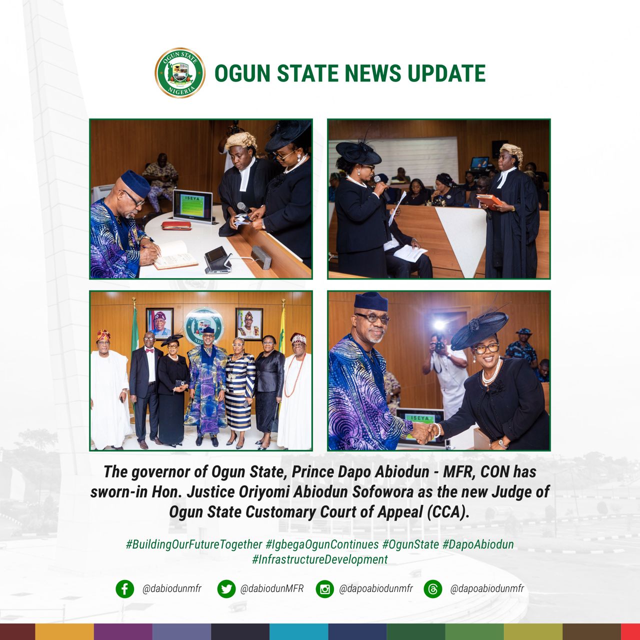 Abiodun swears in Customary Court of Appeal judge, tasks judiciary on political stability