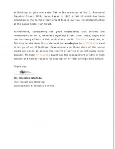 HOSTILITIES BETWEEN LAGOS BUILDING INVESTMENT COMPANY PLC AND BRICKTOP DEVELOPMENT & Advisory LIMITED – SETTING THE RECORDS STRAIGHT – 