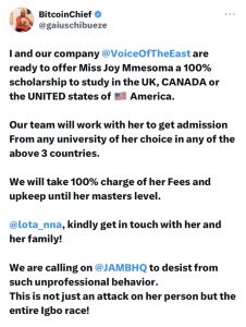 JAMB SCANDAL: US Based Millionaire Gives Ejikeme Mmesoma Scholarship To Study Abroad