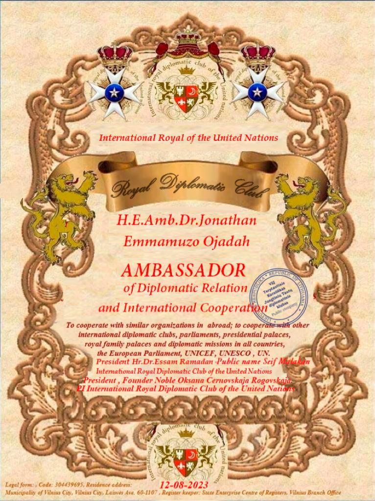 Amb. Jonathan Ojadah Bags European Diplomatic Ambassadorial Appointment