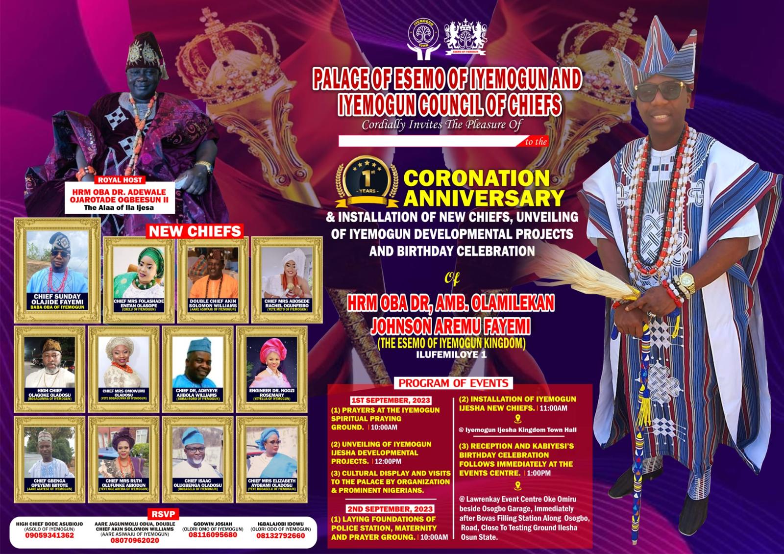 15 Obas, Chief Imam Yorubaland, Ayinkealagbo worldwide,top Personalities,all set for Oba Olamilekan Johnson Aremu Fayemi, Ilufemiloye 1 Oniyemogun of Iyemogun Ijesha kingdom's Coronation anniversary,2023.