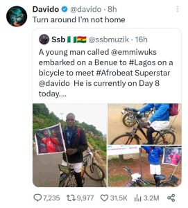 Turn Around, I’m Not Home – Davido Responds To Cyclist Riding From Benue To See Him