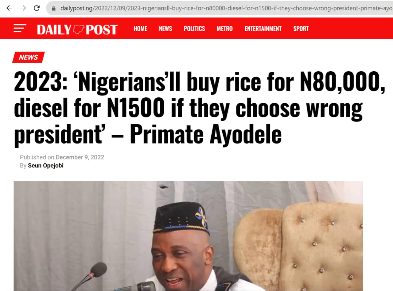 Tinubu’s Presidency : Is Primate Ayodele’s Prophecy On Diesel Price Coming To Pass?