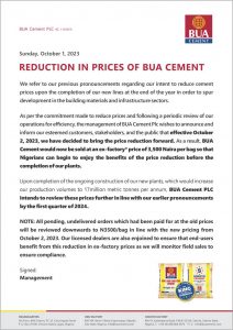 BUA Crashes The Price Of Cement To 3,500 Per Bag, Promises Further Reduction {see full text}