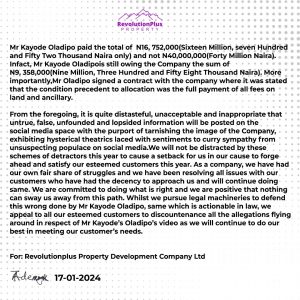 Revolution Plus Dismisses Viral Video Report On Alleged 40m Plots Of Land Fraud