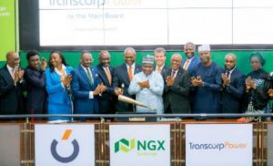 l-r: Acting CEO, Nigerian Exchange(NGx) Limited, Jude Chiemeka; Managing Director/CEO, Transcorp Power Plc, Engr. Peter Ikenga; Group Chairman, Transcorp Plc, Mr. Tony Elumelu; Chairman, Nigerian Exchange Group, Dr. Umaru Kwairanga; Non-Executive Director, Transcorp Power Plc, Peter Hertog; Chairman, Transcorp Power Plc, Mr. Emmanuel Nnorom; Chief Financial Officer, Transcorp Plc, Evans Okpogoro;  Non-Executive Director, Transcorp Power Plc, Risqua Muhammed;, during the Facts Behind the Listing and Closing Gong Ceremony of Transcorp Power Plc to commemorate the Listing by Introduction of 7,500,000,000 Ordinary Shares of 50 kobo each at N240.00 per share on Nigerian Exchange Limited today in Lagos