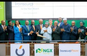 l-r: CEO, Vetiva Capital, Chuka Eseka;  Non-Executive Director, Nigerian Exchange Group, Mr. Nonso Okpala; President/GCEO, Transnational Corporation(Transcorp) Plc, Dr. Owen Omogiafo; Acting CEO, Nigerian Exchange(NGx) Limited, Jude Chiemeka; Managing Director/CEO, Transcorp Power Plc, Engr. Peter Ikenga; Group Chairman, Transcorp Plc, Mr. Tony Elumelu; Chairman, Nigerian Exchange Group, Dr. Umaru Kwairanga; Non-Executive Director, Transcorp Power Plc, Peter Hertog; Chairman, Transcorp Power Plc, Mr. Emmanuel Nnorom; Chief Financial Officer, Transcorp Plc, Evans Okpogoro;  Non-Executive Director, Transcorp Power Plc, Risqua Muhammed; Head, Broker Dealer Regulation, Nigerian Exchange Group, Olufemi Shobanjo; Non-Executive Director, Transcorp Group, Mrs Foluke Adulrasak, during the Facts Behind the Listing and Closing Gong Ceremony of Transcorp Power Plc to commemorate the Listing by Introduction of 7,500,000,000 Ordinary Shares of 50 kobo each at N240.00 per share on Nigerian Exchange Limited today in Lagos.