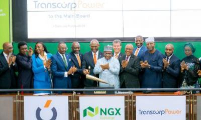 l-r: CEO, Vetiva Capital, Chuka Eseka; Non-Executive Director, Nigerian Exchange Group, Mr. Nonso Okpala; President/GCEO, Transnational Corporation(Transcorp) Plc, Dr. Owen Omogiafo; Acting CEO, Nigerian Exchange(NGx) Limited, Jude Chiemeka; Managing Director/CEO, Transcorp Power Plc, Engr. Peter Ikenga; Group Chairman, Transcorp Plc, Mr. Tony Elumelu; Chairman, Nigerian Exchange Group, Dr. Umaru Kwairanga; Non-Executive Director, Transcorp Power Plc, Peter Hertog; Chairman, Transcorp Power Plc, Mr. Emmanuel Nnorom; Chief Financial Officer, Transcorp Plc, Evans Okpogoro; Non-Executive Director, Transcorp Power Plc, Risqua Muhammed; Head, Broker Dealer Regulation, Nigerian Exchange Group, Olufemi Shobanjo; Non-Executive Director, Transcorp Group, Mrs Foluke Adulrasak, during the Facts Behind the Listing and Closing Gong Ceremony of Transcorp Power Plc to commemorate the Listing by Introduction of 7,500,000,000 Ordinary Shares of 50 kobo each at N240.00 per share on Nigerian Exchange Limited today in Lagos.