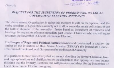 Suspend Probing Of Ex-Chairman, Adesina Sikiru Now - Leagues Of Registered Political Parties Tells Ogun Assembly