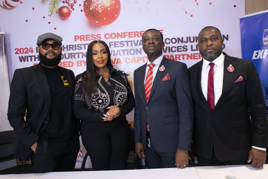 Caption Chief Executive Officer, Optiva Capital Partners, Dr. Jane Kimemia (2nd Left) flanked by MD, MBR Signature, Stanley Ezeani, (Left), Acting COO, BI-Courtney Aviation Services, Kola Bamigboye and Acting COO, Aeronautics and Cargo Services, BI-Courtney Aviation Services, Remi Jibodu at the official announcement of the 20-day Christmas Festival scheduled to hold at Murtala Mohammed Airport Terminal 2.