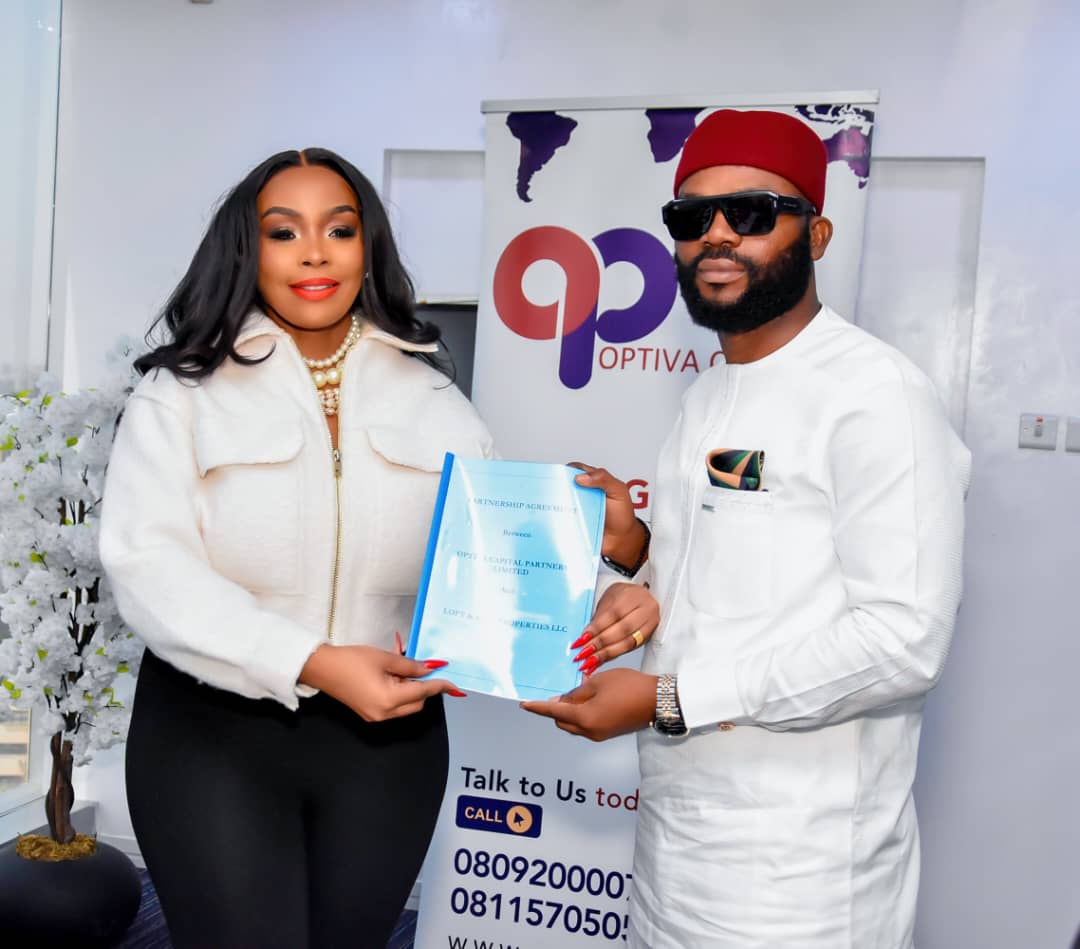 L-R Dr. Jane Kimemia, CEO, Optiva Capital Partners and Chief Austin Ugochukwu Albert, Chairman, Loft & Keys LLC during the partnership agreement signing between Optiva Capital partners and Loft & keys LLC at Optiva's headquarters in Lagos