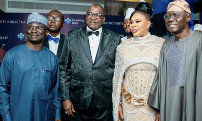 R-L: Mr. Babajide Sanwo-Olu, Executive Governor of Lagos State; Lady Ada Chukwudozie, Chairman, Keystone Bank Limited; Mr. Hassan Imam, Managing Director and CEO, Keystone Bank Limited and guests at the Bank's end-of-year Customer Dinner, themed 'Celebrating Partnership', held at Eko Hotel & Suites, Victoria Island, Lagos, on Friday, December 13, 2024.