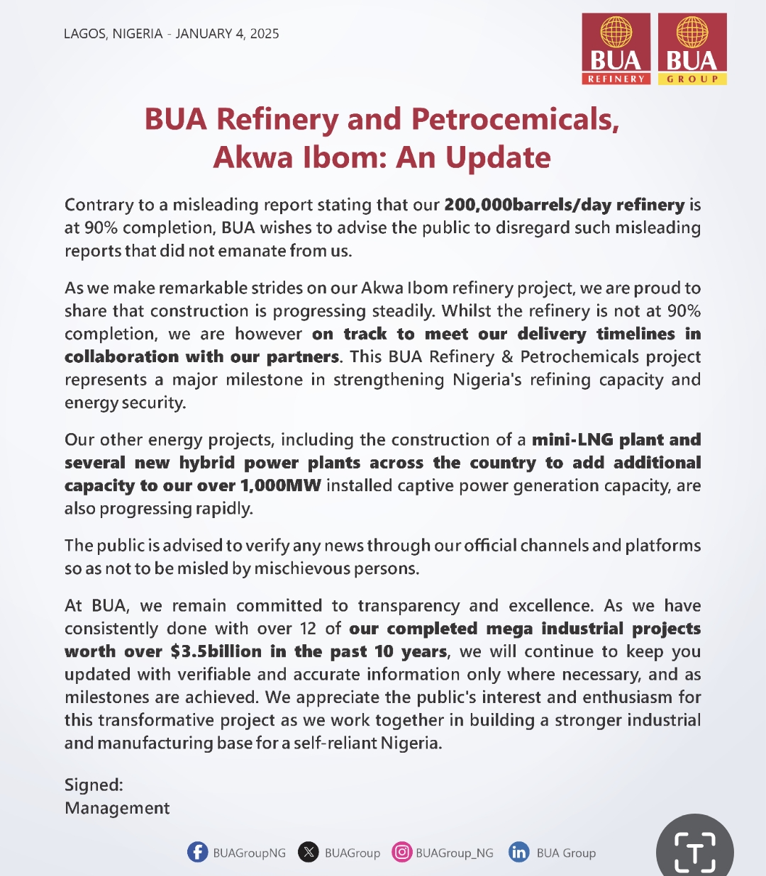BUA REFINERY & PETROCHEMICALS, AKWA IBOM: PROJECT UPDATE