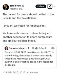 Sen. Rand Paul Condemns Trump’s Proposal to Seize Gaza, Deploy U.S. Troops