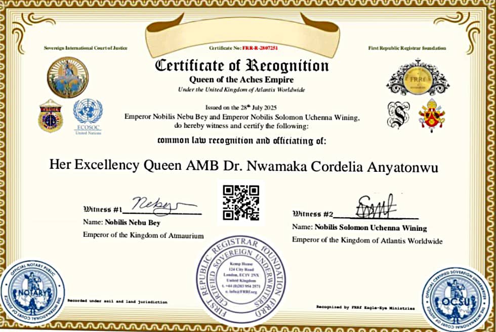 Royal Sovereignty Affirmed: Queen Dr. Nwamaka Cordelia Anyatonwu Recognized by the United Kingdom TV of Atlantis Worldwide
