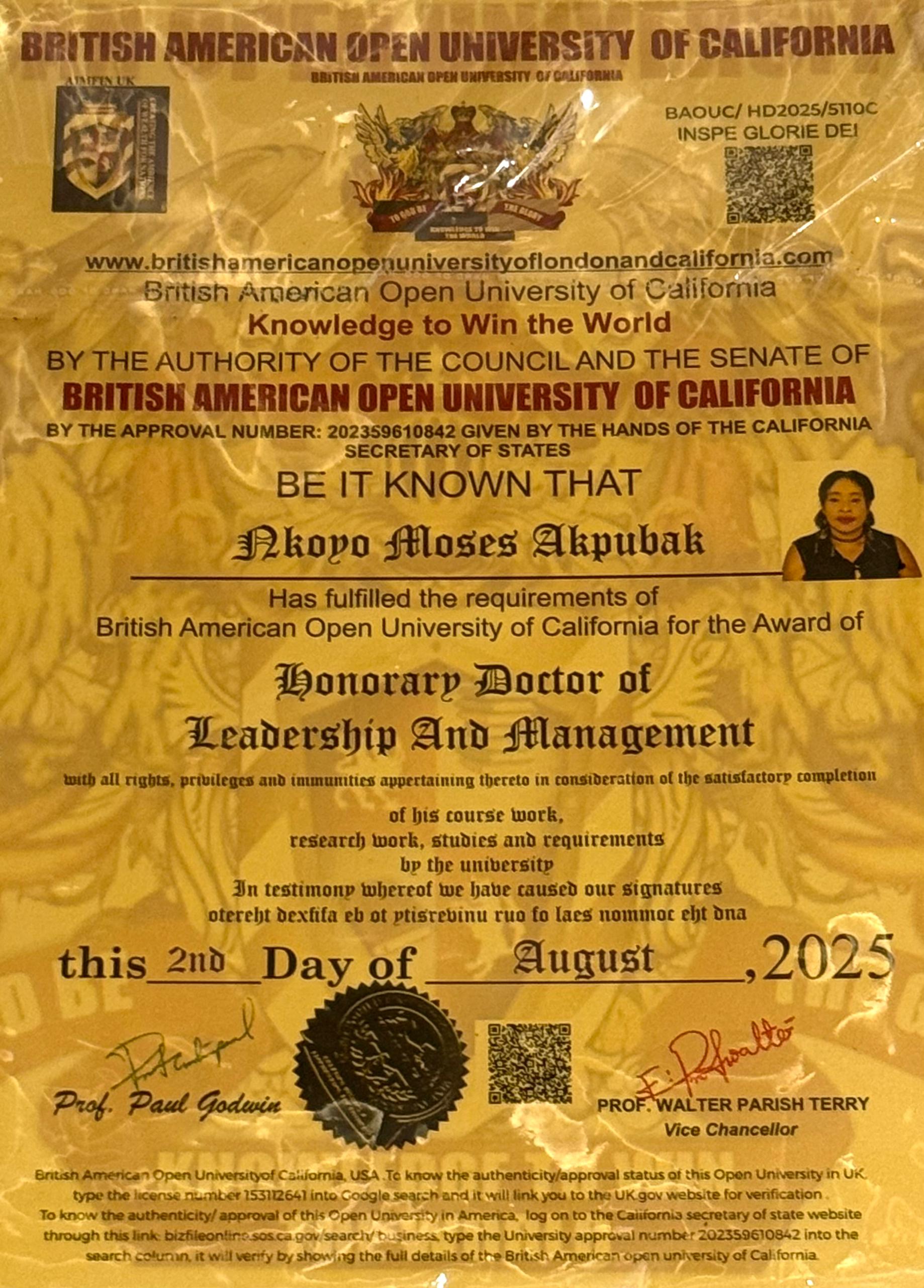 Queen Dr Princess Nkoyo Moses Akpubak Honored with Prestigious Doctorate in Leadership and Management
