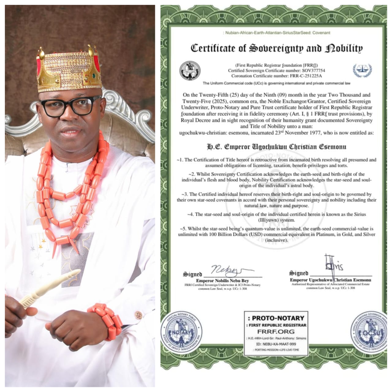 Global Icon Receives Highest Honor: Emperor Dr Ugochukwu Christian Receives Certificate of Sovereignty and Nobility.