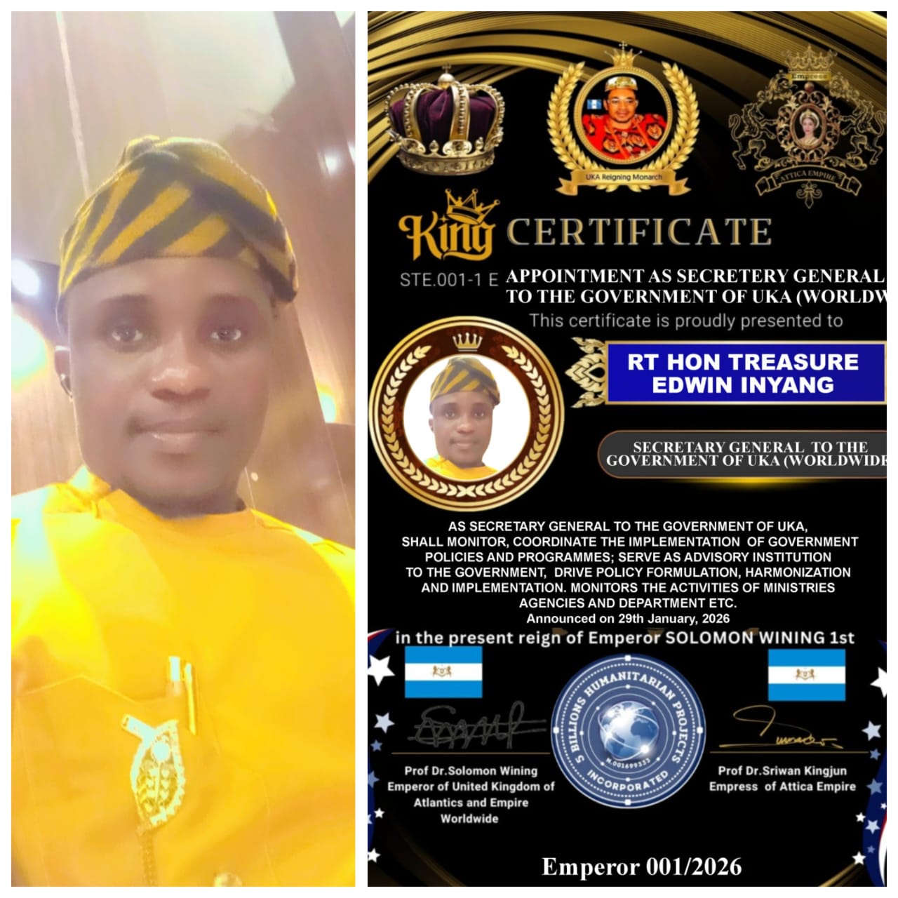 Rt Hon Treasure Edwin Inyang Appointed Secretary General to the Government of UKA (Worldwide)*